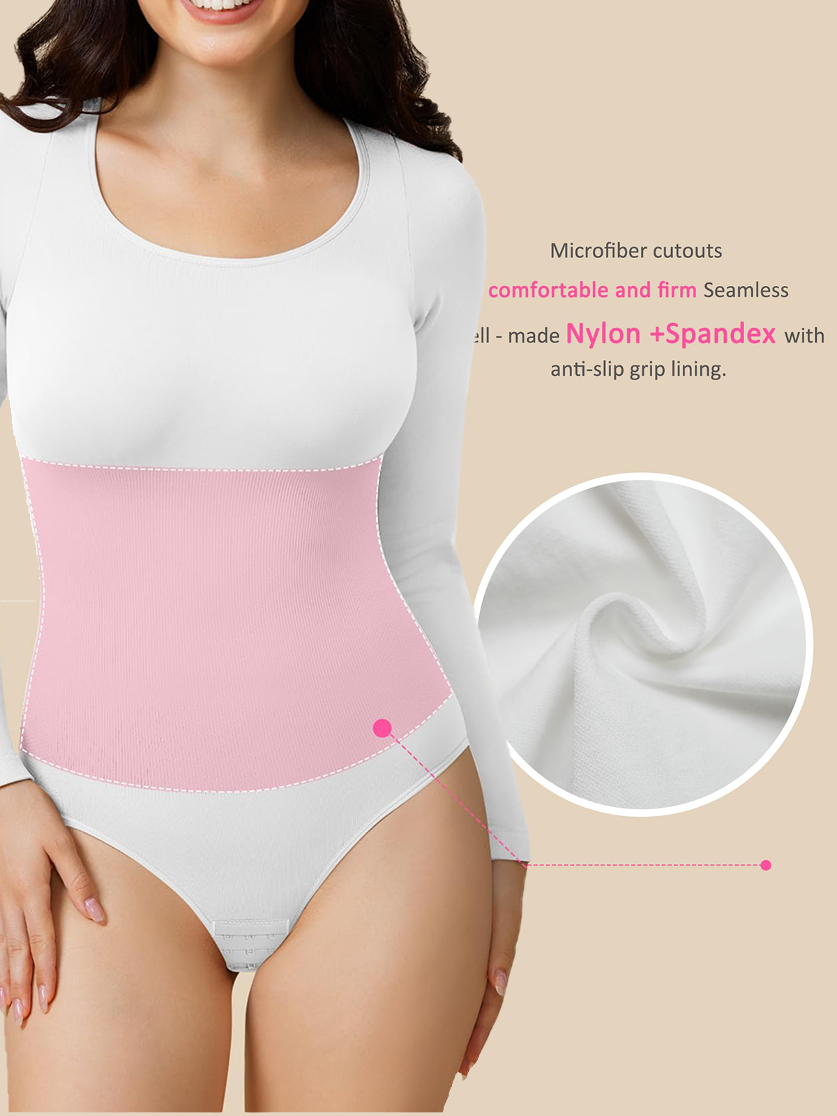 Seamless Long Sleeve Bodysuit For Women Crew Neck Tummy Control Shapewear