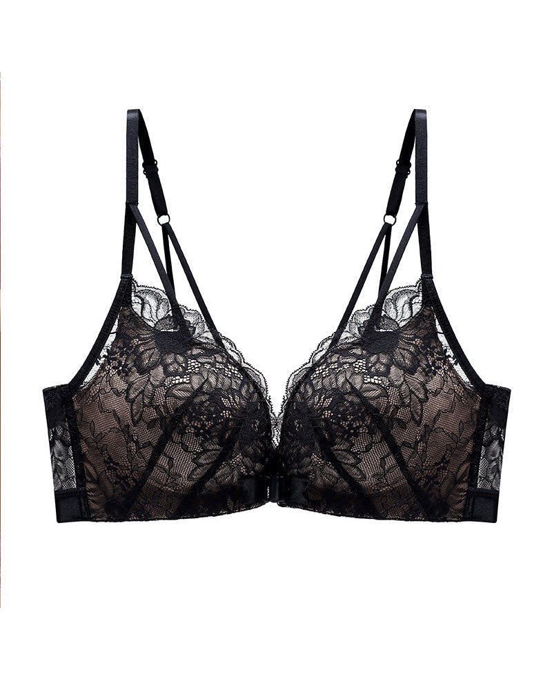 Women's Sexy Lace Front Buckle Closure Bra Deep V Push Up Wireless Breathable Brasieres