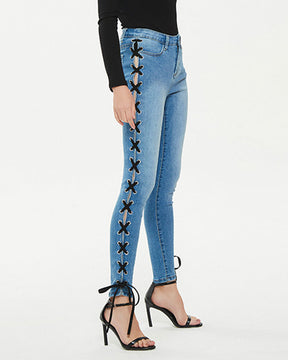 Sexy Side Cross Lace up Slim Jeans for Women