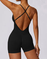 Seamless V-Back Cross Romper Tummy Control One Piece Shorts Sports Jumpsuit