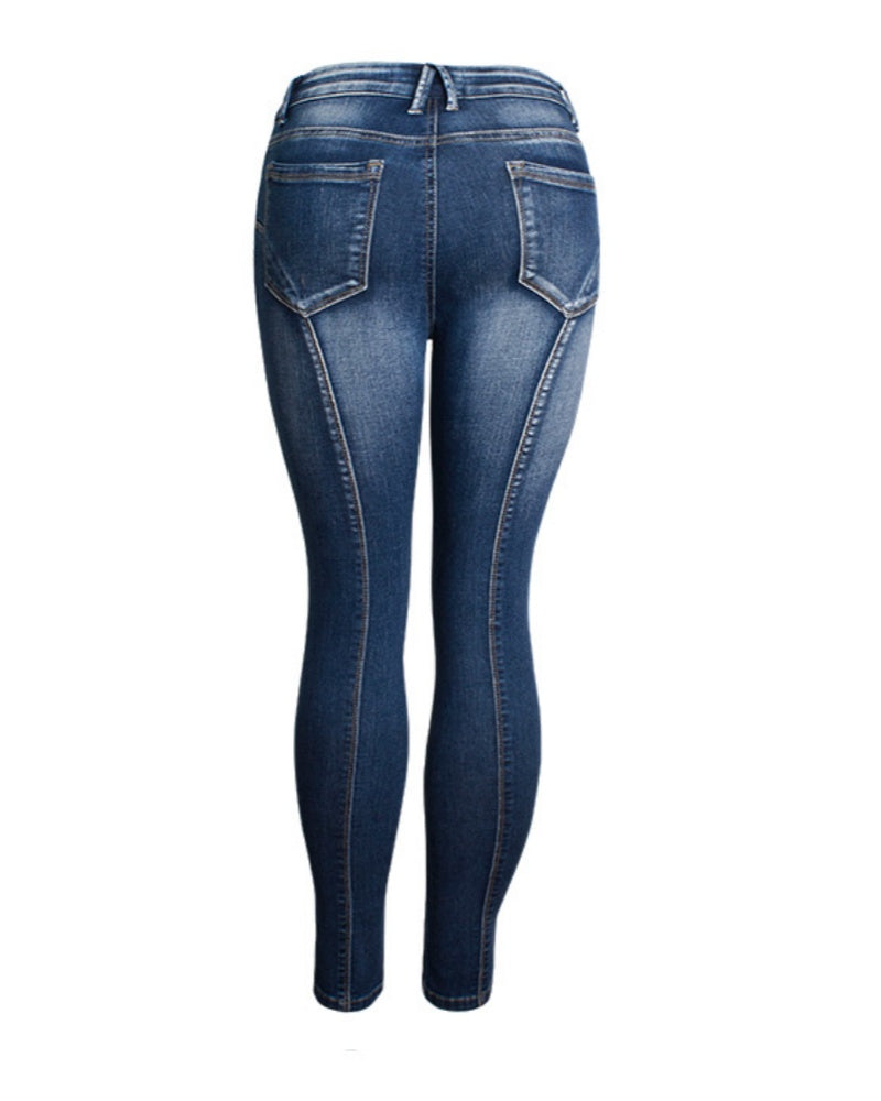 Mid Rise Elastic Slits Nine-point Skinny Jeans for Women