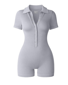 Ribbed Short Sleeve Stand Collar Rompers Front Buttons Stretch Exercise Jumpsuits