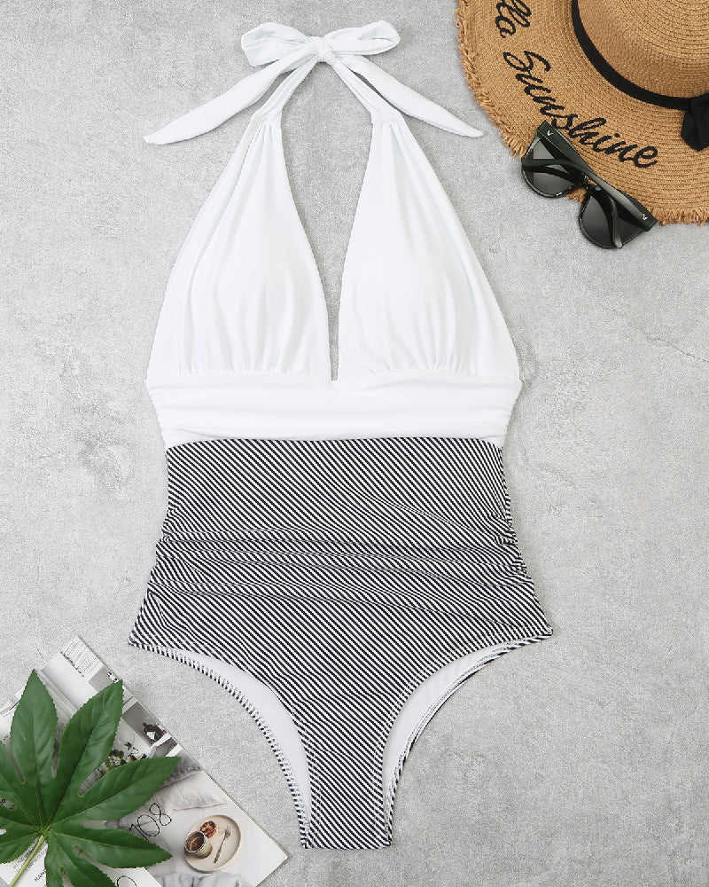 V Neck Halter Backless Swimsuit One Piece Ruched Tummy Control Swimwear