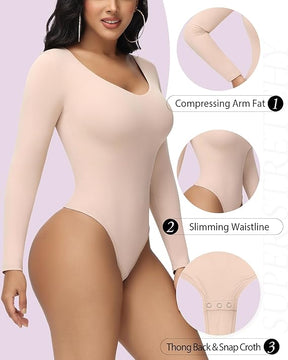 Women's Long Sleeve V Neck Seamless Bodysuits Tummy Control Thong Shapewear