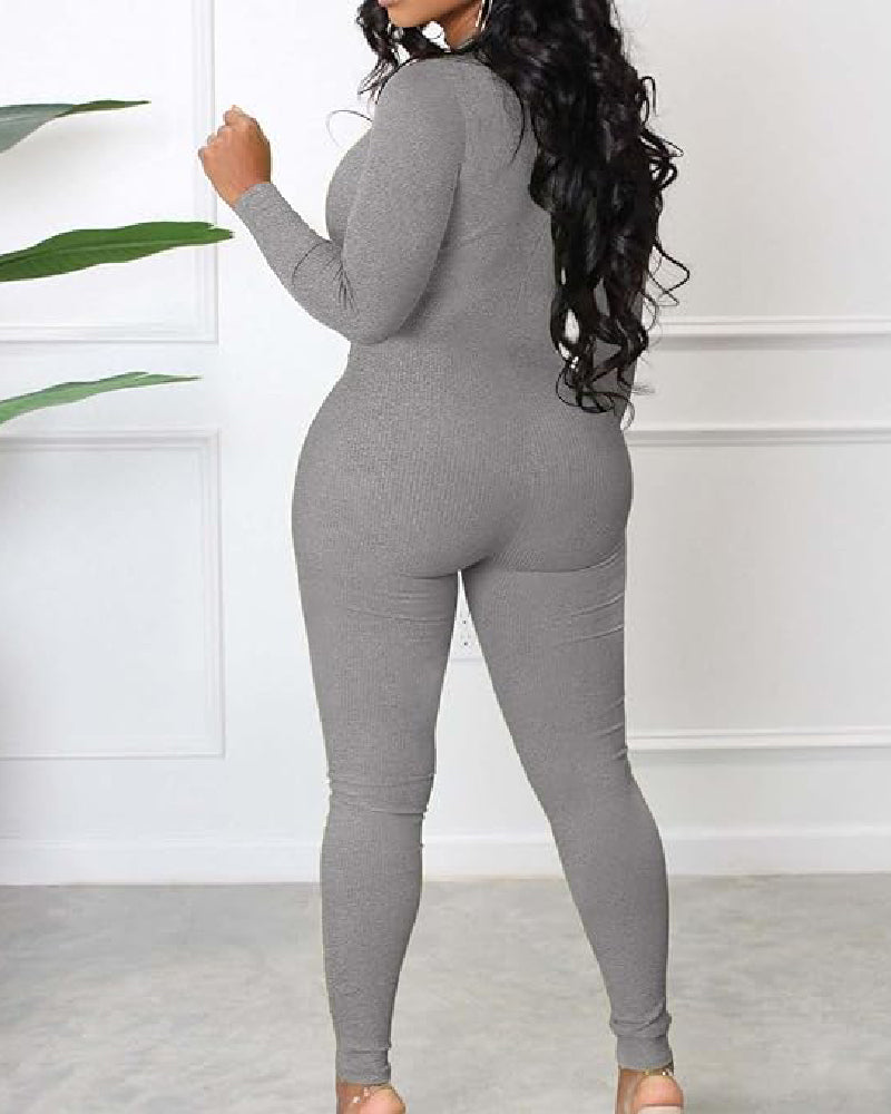 Women's Sexy Ribbed Long Sleeve Zipper Jumpsuits Casual Solid Bodycon Rompers