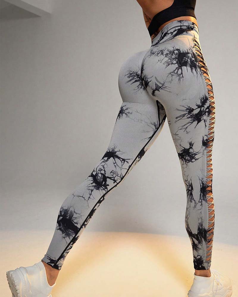 Side Hollow Tie-Dye Breathable High-Waist Hip Lifting Yoga Pants