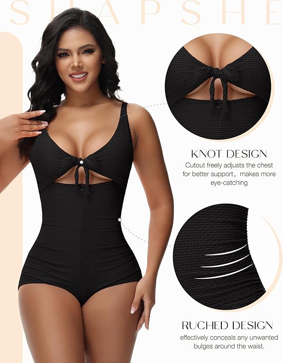 Women's Tummy Control Swimsuit Cutout Tie Knot Front Push Up Shapewear Bathing Suit