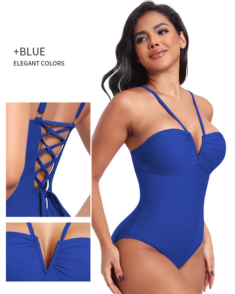 Sexy Strappy Triangle V-shaped Halter Neck One-piece Body Shaping Swimsuit