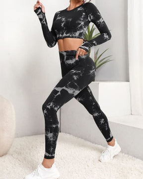 Seamless Tie-Dye Long Sleeve High Waist Tummy Control Bodycon Yoga Suit