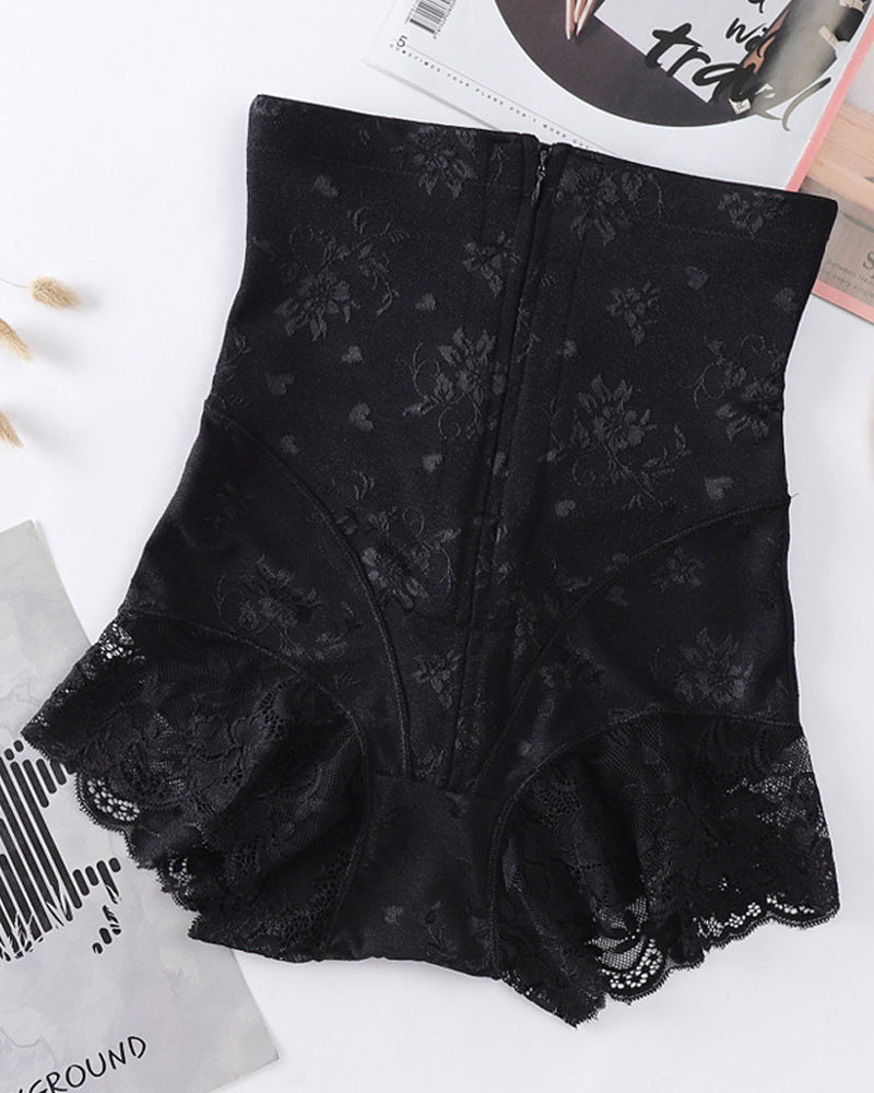 Women's High Waist Floral Lace Zipper Tummy Control Shapewear Panties