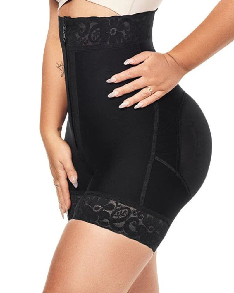 High Waist Butt Lift Shaper Zipper Short With Lace Trim