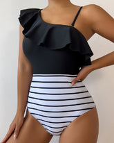 Women's Asymmetric Shoulder Swimsuit High Waist Ruffle Bathing Suit