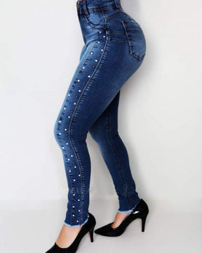 High waist Diamond Studded Beaded Hip Lift High Elastic Skinny Jeans