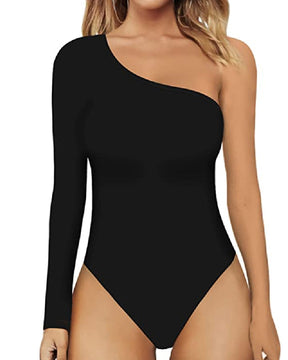 Women's One Shoulder Long Sleeve Thong Tight Tank Top Bodysuit