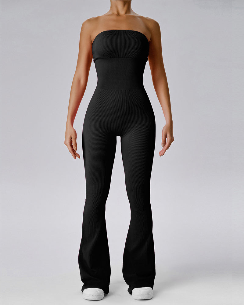 Women's Ribbed Strapless Tube Top Flared Bottom Yoga Jumpsuit