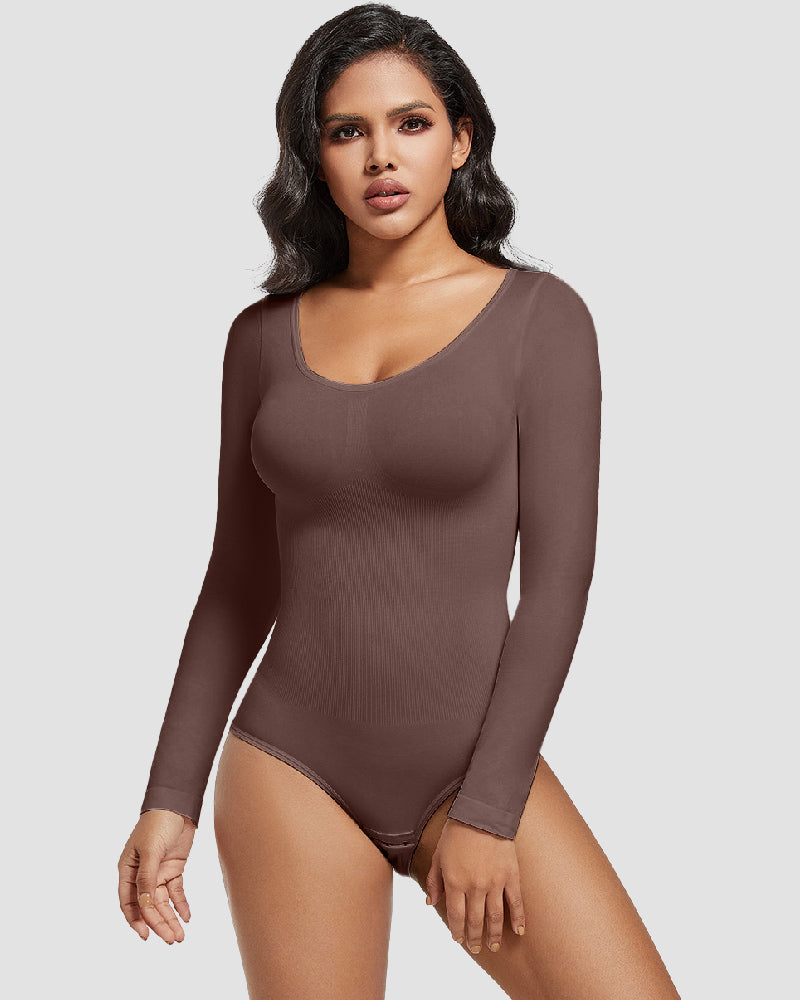 Seamless Crew Neck Long Sleeve Corset Bodysuit Tops Stretch Triangle Jumpsuit