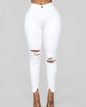 High-waisted Ripped Solid Skinny Jeans