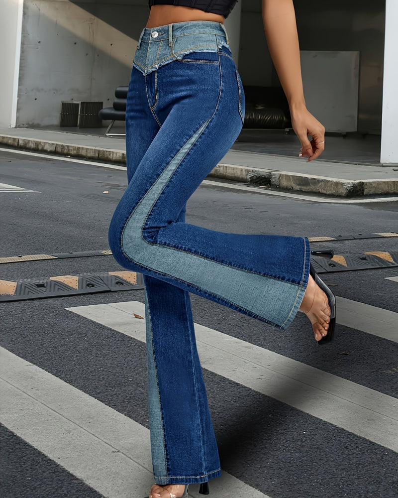 High Waisted Slim fit Flared Jeans with Contrasting Colors