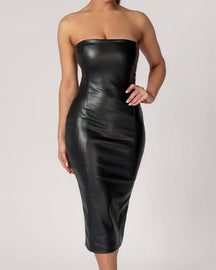 PU Leather Slim Fit Tube Top Sexy Dress with Back Slit