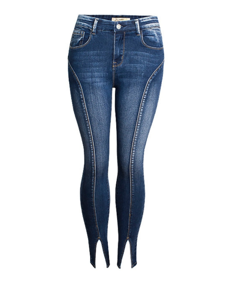 Mid Rise Elastic Slits Nine-point Skinny Jeans for Women