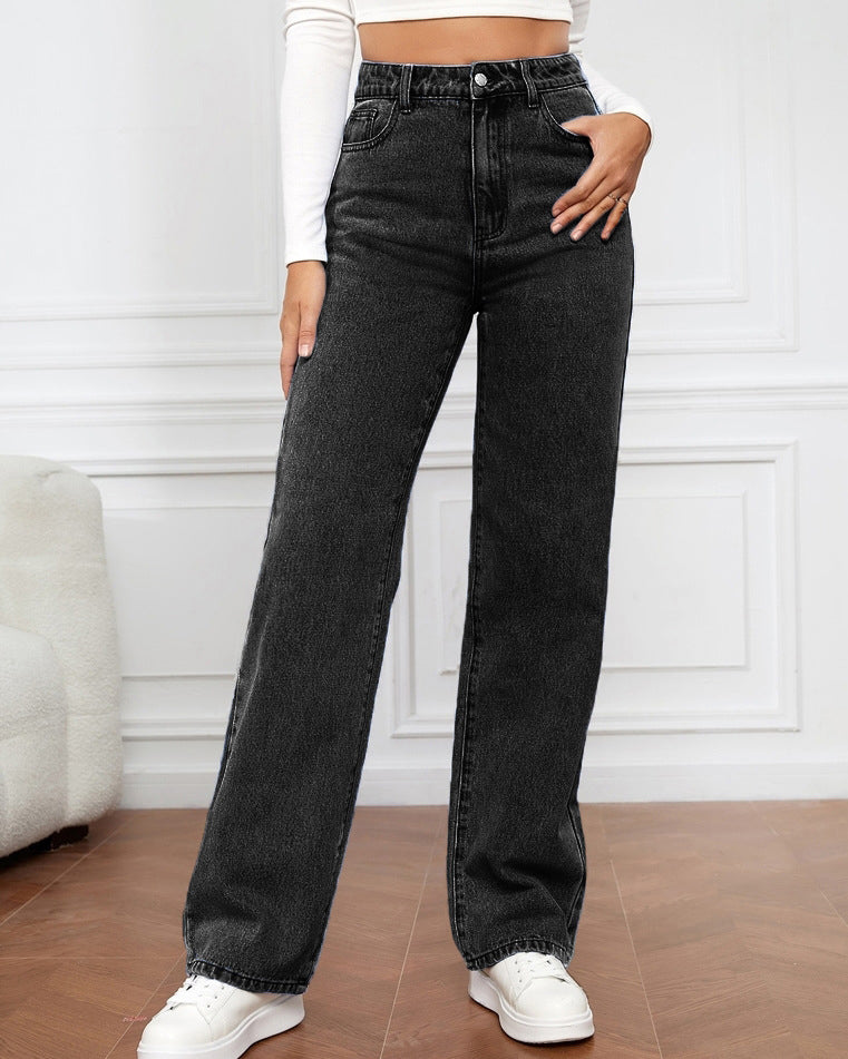 Women's High Waist Zipper Fly Straight Leg Jeans