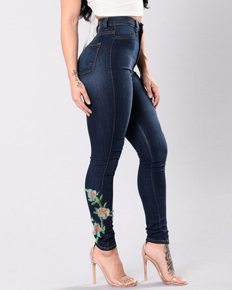 High-waist Slim-fit Stretch Embroidered Jeans