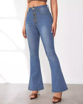 High Waist Slim Flared Jeans for Women with Multi Button