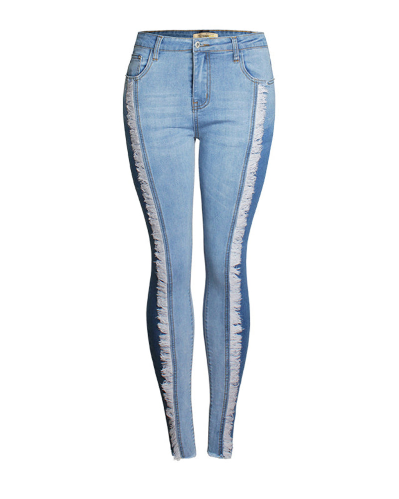 Fashion Tassel Slim Fit Patchwork Gradient Jeans Slim Hip Lift