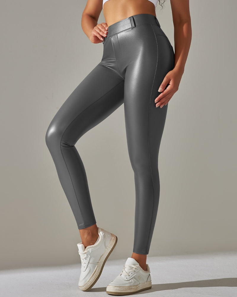 PU leather Pants High Waist Tight Sports Yoga Pants Slim