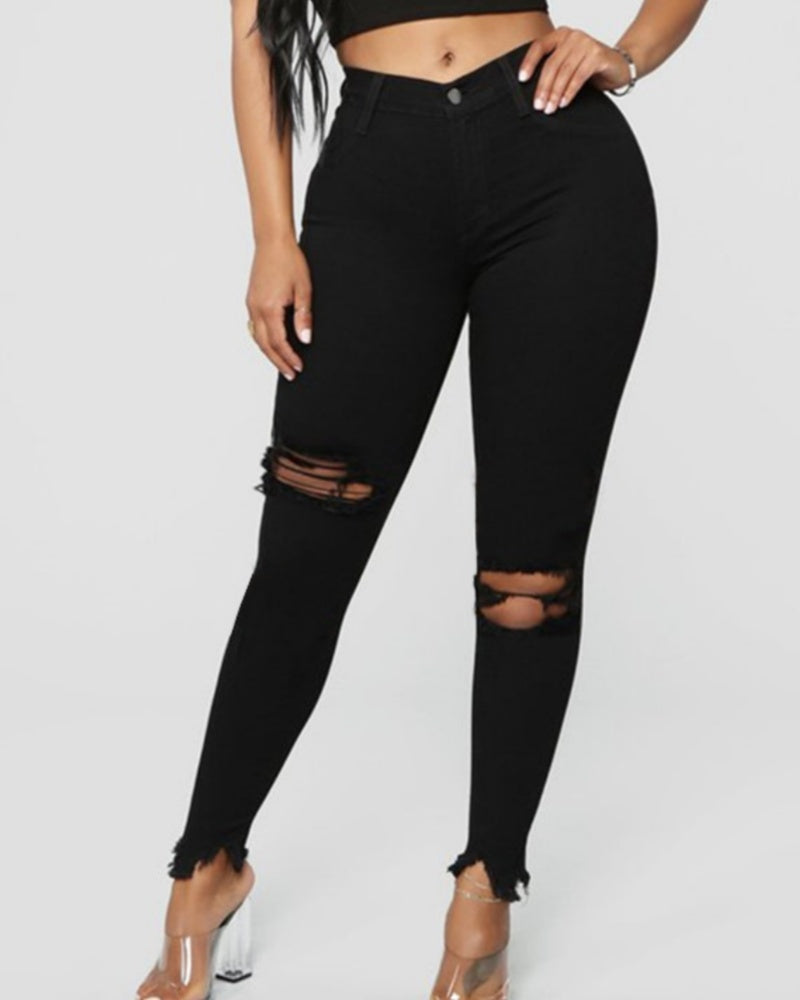 High-waisted Ripped Solid Skinny Jeans