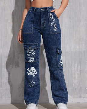 Retro Hot Girl Street Style Loose Straight Print Cargo Jeans