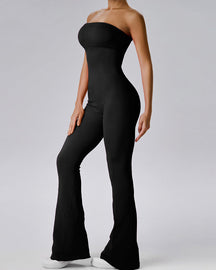 Women's Ribbed Strapless Tube Top Flared Bottom Yoga Jumpsuit