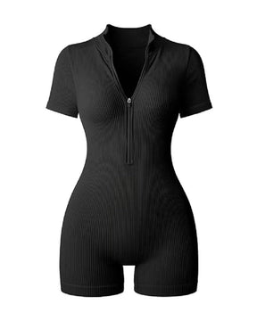 Women's Ribbed Short Sleeve Zip Front Jumpsuit Stretch Tummy Control Yoga Rompers