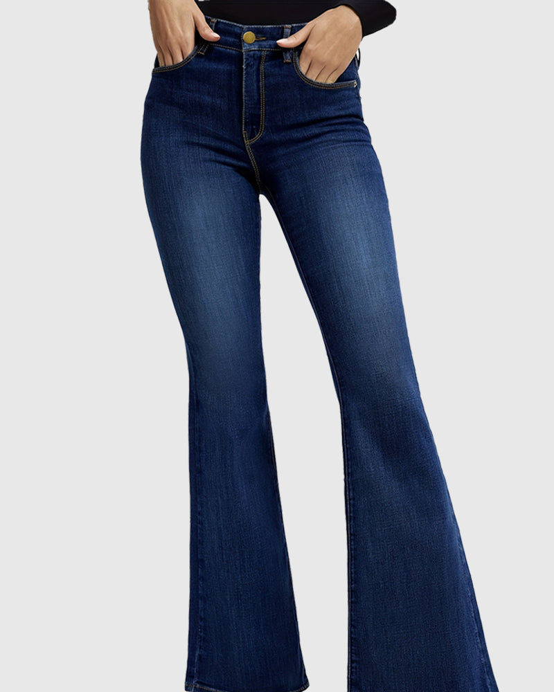 Simple and Versatile Elastic High Waist Flared Jeans