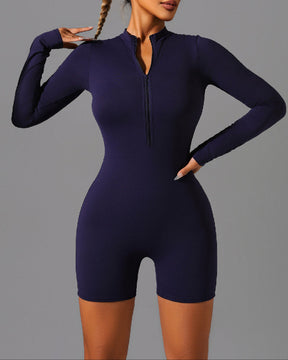 Seamless Mock Neck Long Sleeves Jumpsuit Sports Zip Up Shorts Romper