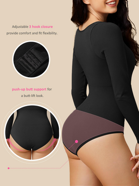 Seamless Long Sleeve Bodysuit For Women Crew Neck Tummy Control Shapewear