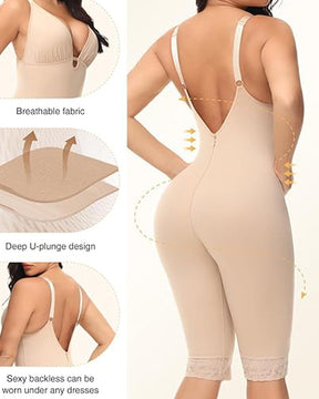 U Plunge Tummy Control Mid Thigh Bodysuit Seamless Full Body Fajas Shapewear