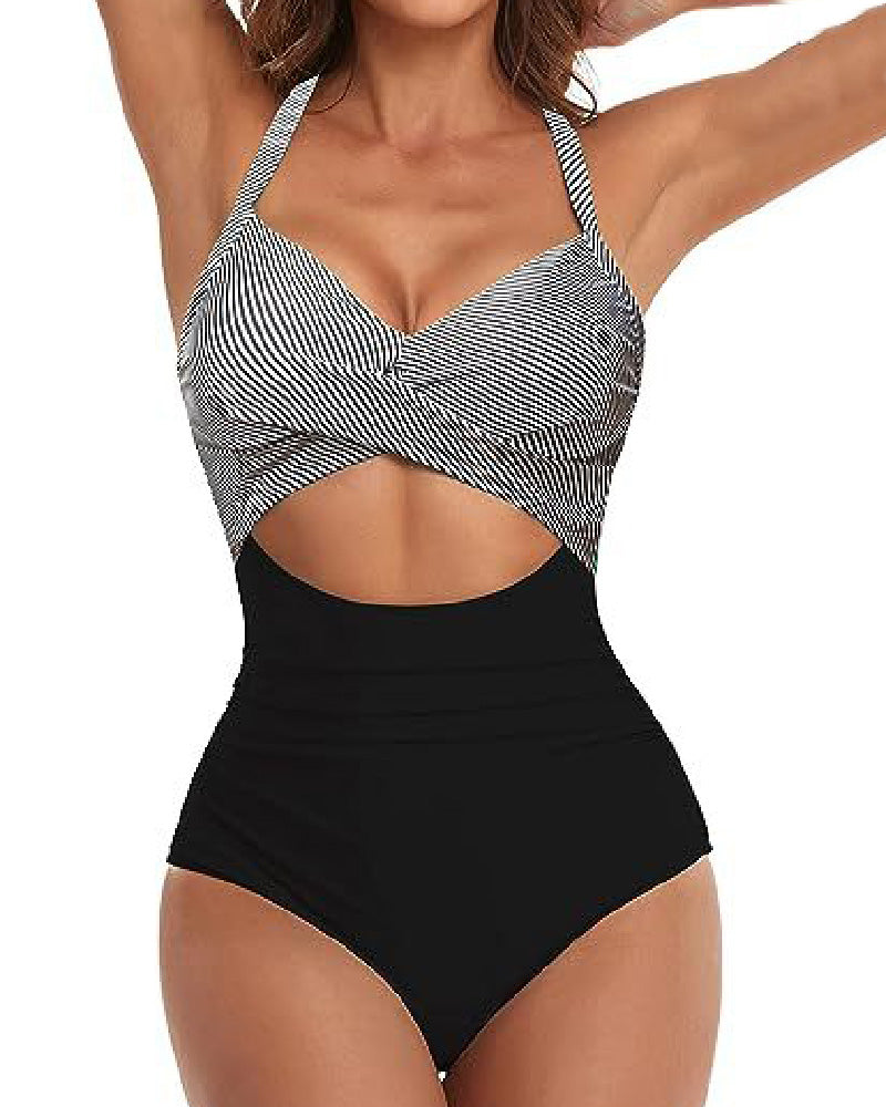 One Piece Cutout Swimsuits Tummy Control High Waist Tie Back Swimwear