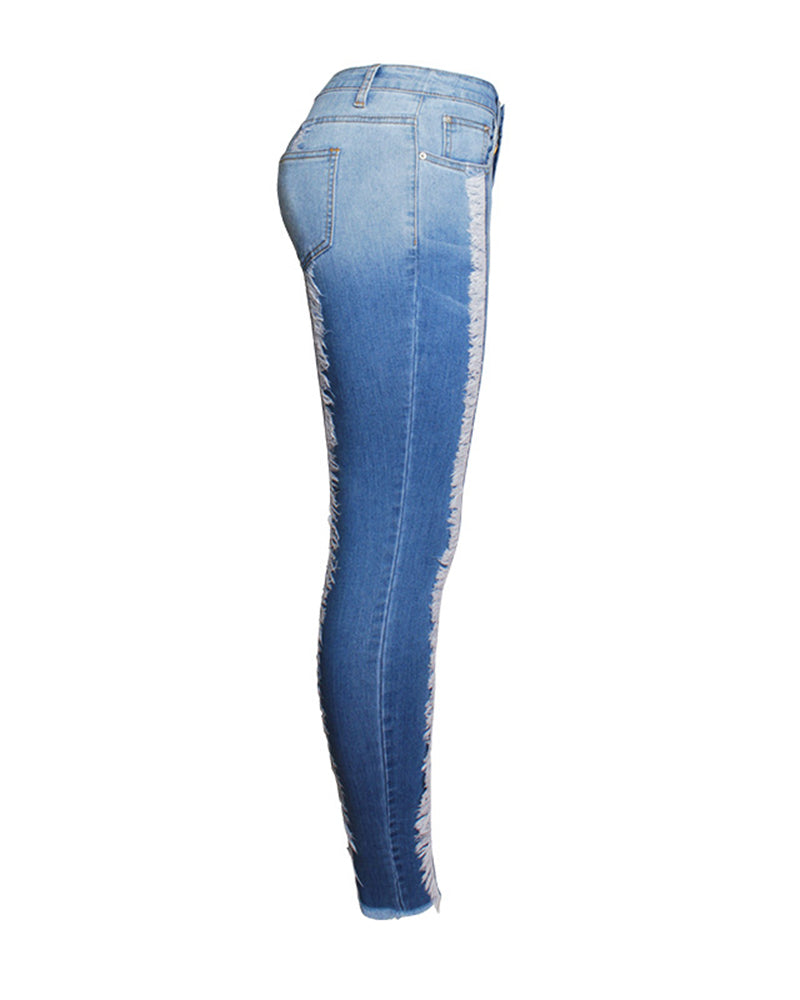 Fashion Tassel Slim Fit Patchwork Gradient Jeans Slim Hip Lift