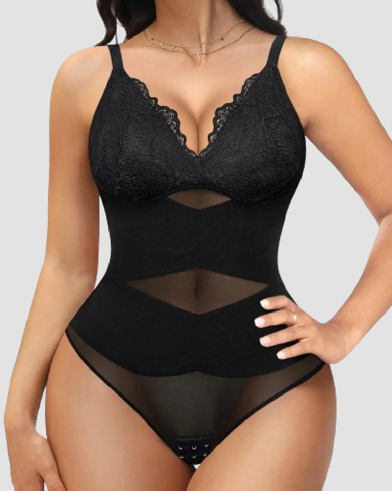 Women's Tummy Control V Neck Thong Bodysuit Corset Sculpting Lace Camisoles Shapewear