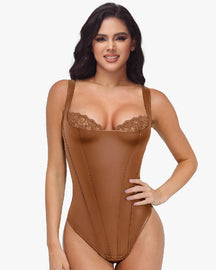 Shapewear Leather Lace Balconette Thong Sculpting Bodysuit