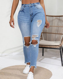 Washed Ripped Slim High Waist Elastic Retro Skinny Jeans for Women