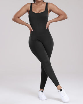 Ribbed Scoop Neck Sleevesless Bodysuit Bodycon Rompers High Elastic Jumpsuits