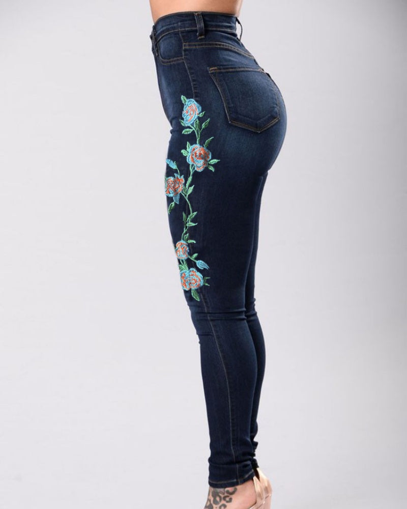 High-waist Slim-fit Stretch Embroidered Jeans