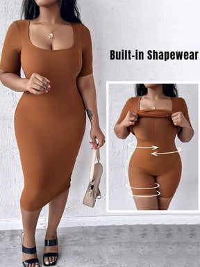 Built-in Shapewear Short Sleeve Square Neck Slim Fit Midi Body Dress