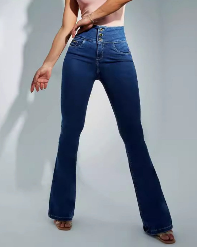 High-waisted Multi-button Slim-fit Stretch-sculpting Flared Jeans