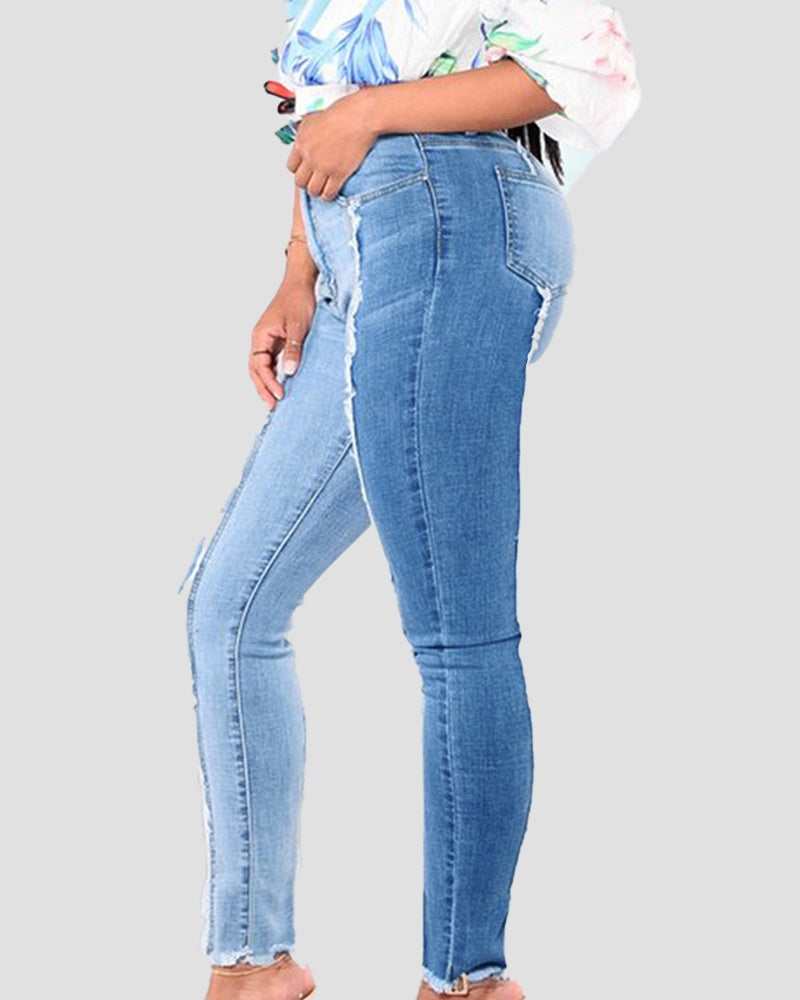 Fashion Tassel Slim Fit Patchwork Gradient Jeans Slim Hip Lift