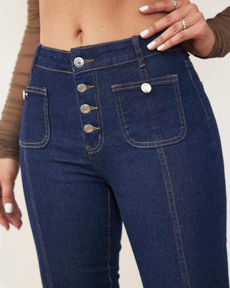 Women's High Waist Buttoned Slim Flared Jeans