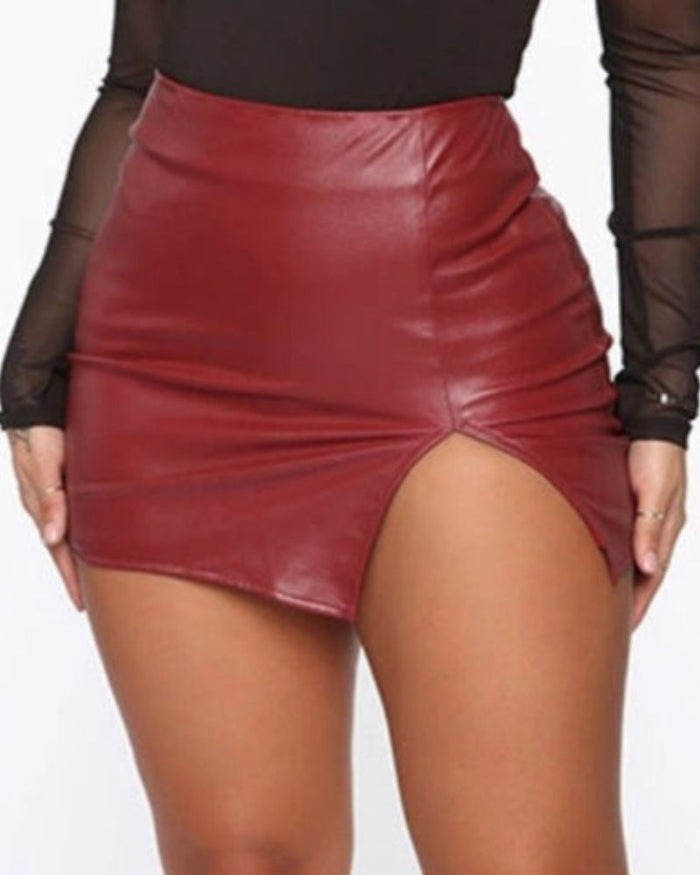 Sexy High Waist Slit Hip PU Leather Short Skirt with Zipper