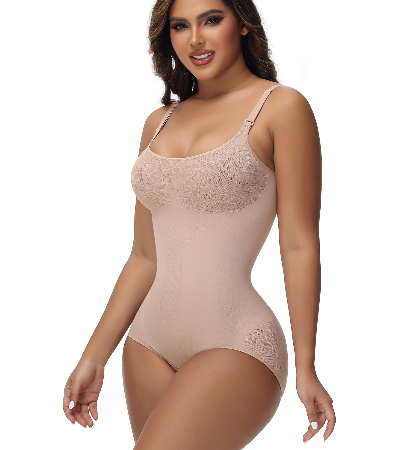 Sexy Seamless Jacquard Bodysuit Tummy Control Spaghetti Strap Shapewear